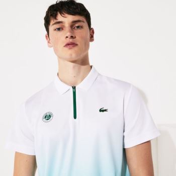 Lacoste SPORT Roland Garros Zip-Front Performance Polo Shirt - Polo Pánské Bílé / Tyrkysové / Zelene